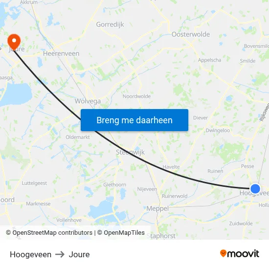 Hoogeveen to Joure map