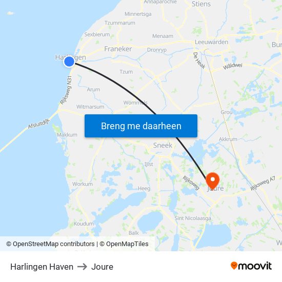 Harlingen Haven to Joure map