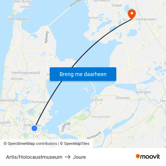 Artis/Holocaustmuseum to Joure map