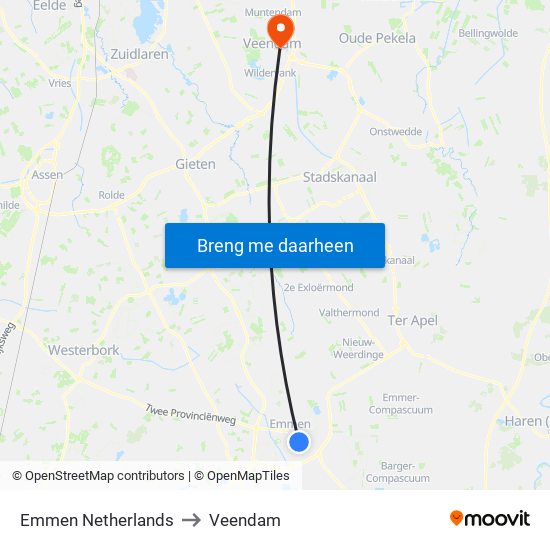 Emmen Netherlands to Veendam map