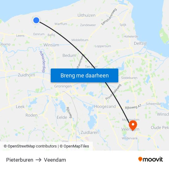 Pieterburen to Veendam map