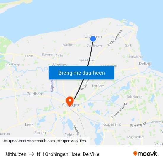 Uithuizen to NH Groningen Hotel De Ville map