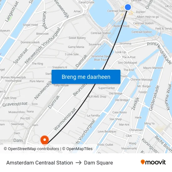 Amsterdam Centraal Station to Dam Square map