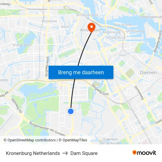 Kronenburg Netherlands to Dam Square map