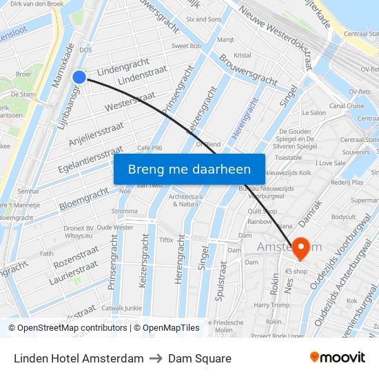 Linden Hotel Amsterdam to Dam Square map