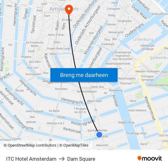 ITC Hotel Amsterdam to Dam Square map