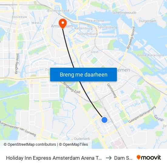 Holiday Inn Express Amsterdam Arena Towers an IHG Hotel to Dam Square map