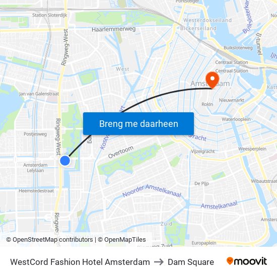 WestCord Fashion Hotel Amsterdam to Dam Square map