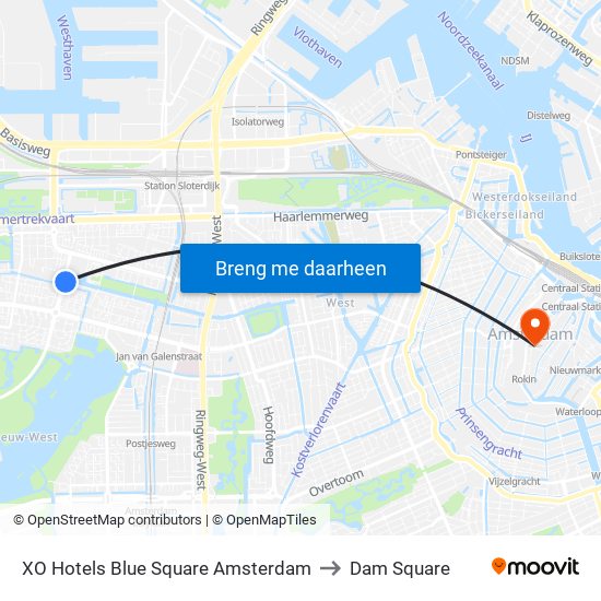 XO Hotels Blue Square Amsterdam to Dam Square map
