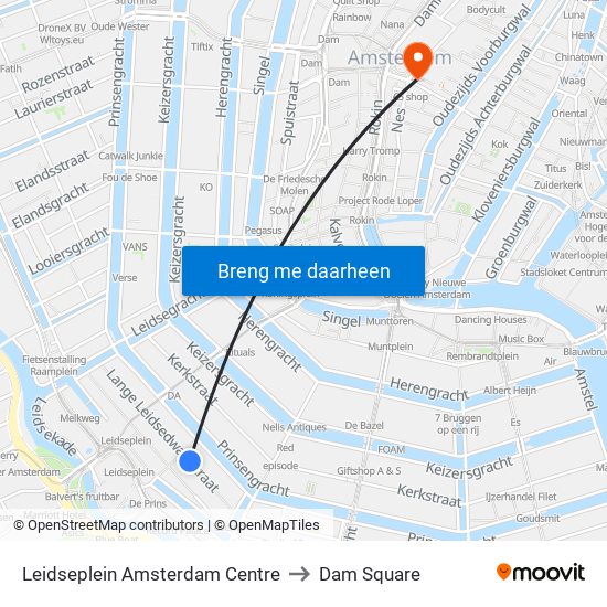 Leidseplein Amsterdam Centre to Dam Square map