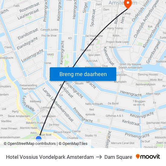 Hotel Vossius Vondelpark Amsterdam to Dam Square map