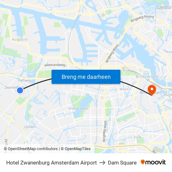 Hotel Zwanenburg Amsterdam Airport to Dam Square map