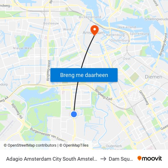 Adagio Amsterdam City South Amstelveen to Dam Square map