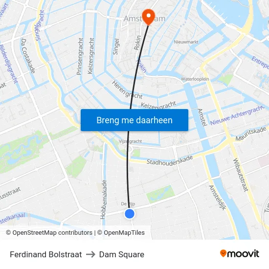Ferdinand Bolstraat to Dam Square map