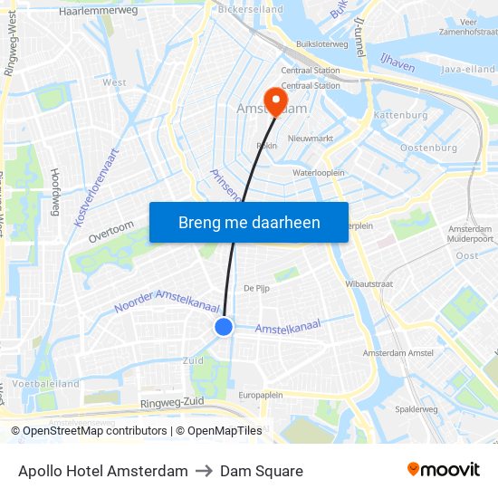 Apollo Hotel Amsterdam to Dam Square map