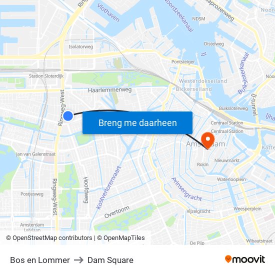 Bos en Lommer to Dam Square map