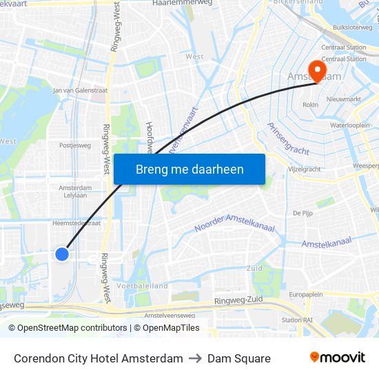 Corendon City Hotel Amsterdam to Dam Square map