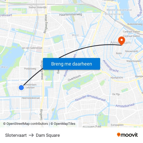 Slotervaart to Dam Square map