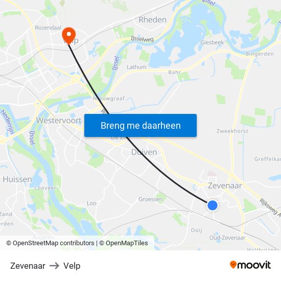 Zevenaar to Velp map