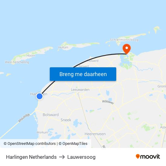 Harlingen Netherlands to Lauwersoog map