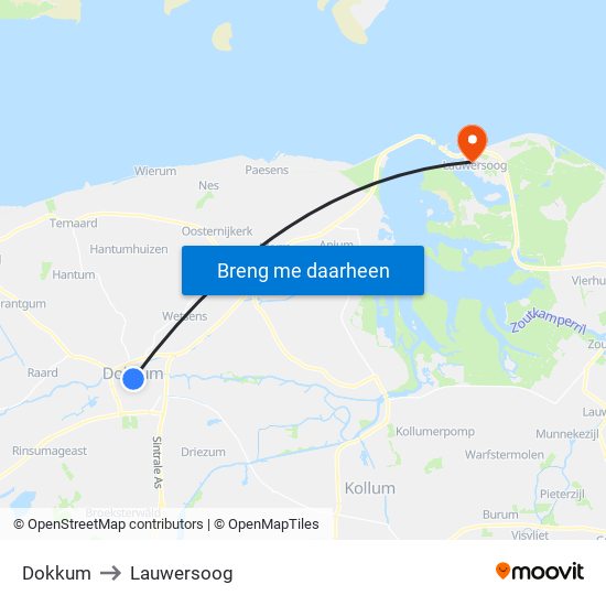 Dokkum to Lauwersoog map