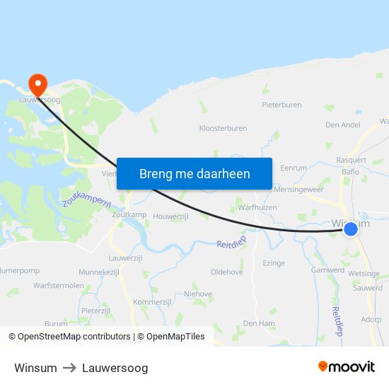Winsum to Lauwersoog map
