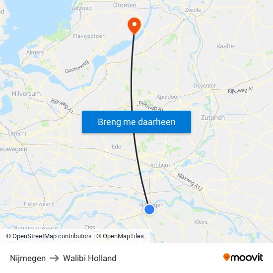 Nijmegen to Walibi Holland map