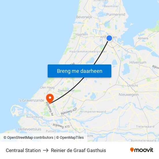 Centraal Station to Reinier de Graaf Gasthuis map