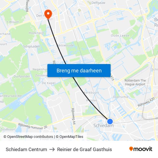 Schiedam Centrum to Reinier de Graaf Gasthuis map