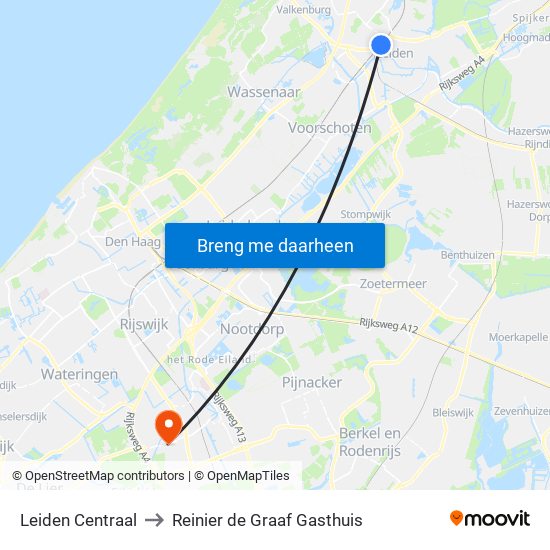 Leiden Centraal to Reinier de Graaf Gasthuis map