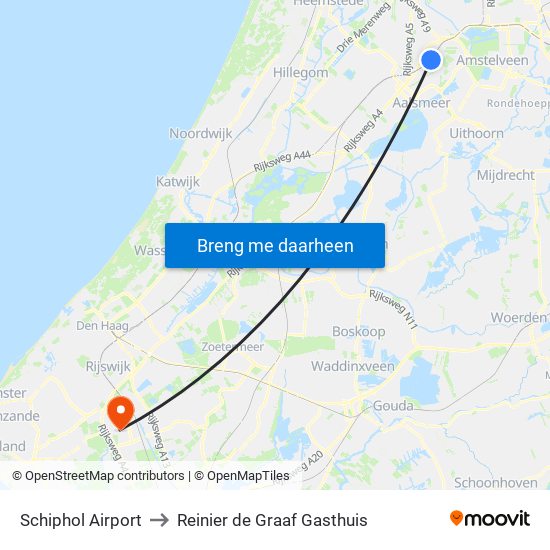 Schiphol Airport to Reinier de Graaf Gasthuis map