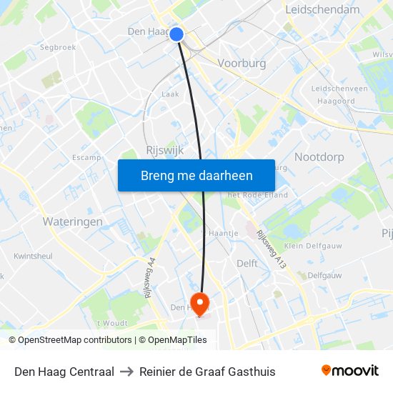 Den Haag Centraal to Reinier de Graaf Gasthuis map