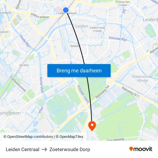 Leiden Centraal to Zoeterwoude Dorp map