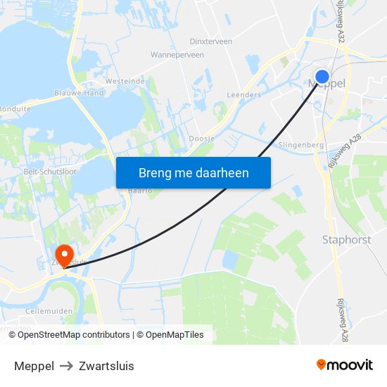 Meppel to Zwartsluis map