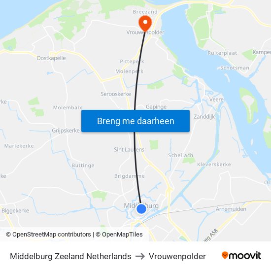 Middelburg Zeeland Netherlands to Vrouwenpolder map