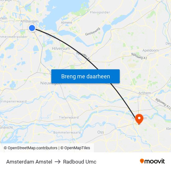 Amsterdam Amstel to Radboud Umc map