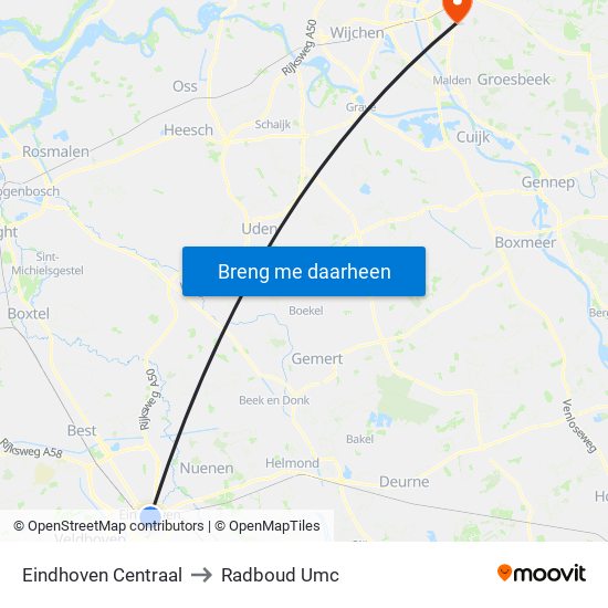 Eindhoven Centraal to Radboud Umc map