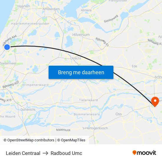 Leiden Centraal to Radboud Umc map