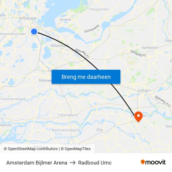 Amsterdam Bijlmer Arena to Radboud Umc map