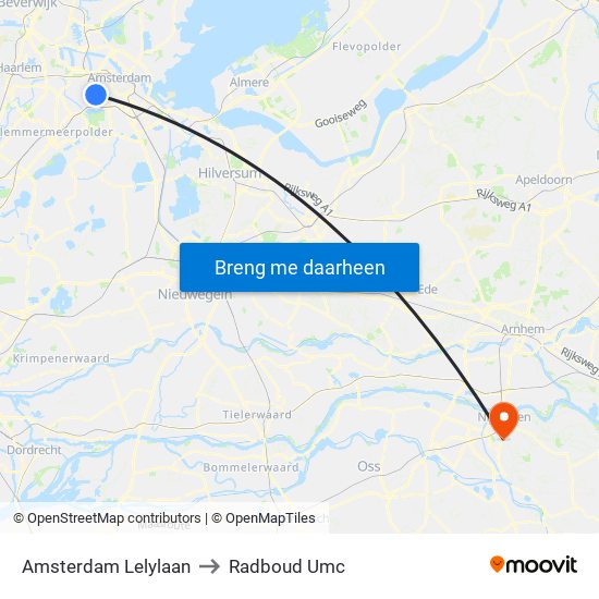 Amsterdam Lelylaan to Radboud Umc map