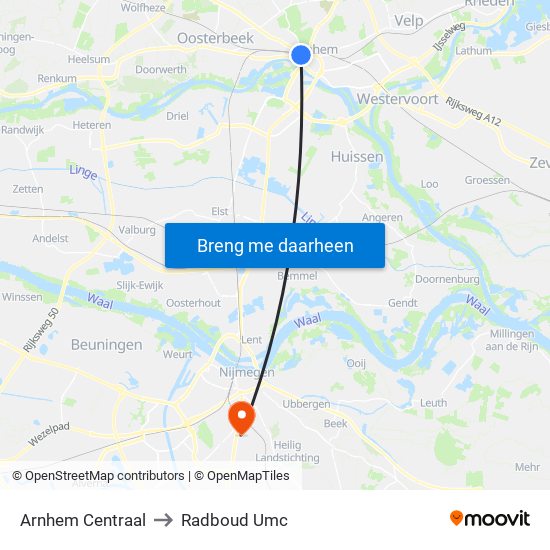 Arnhem Centraal to Radboud Umc map