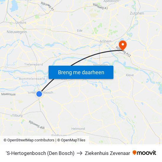 'S-Hertogenbosch (Den Bosch) to Ziekenhuis Zevenaar map