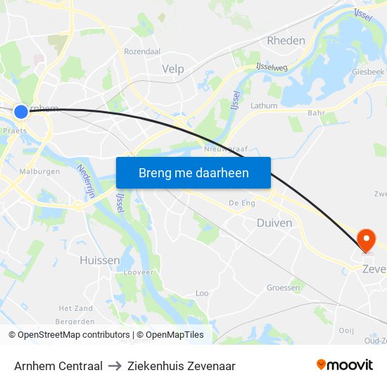 Arnhem Centraal to Ziekenhuis Zevenaar map