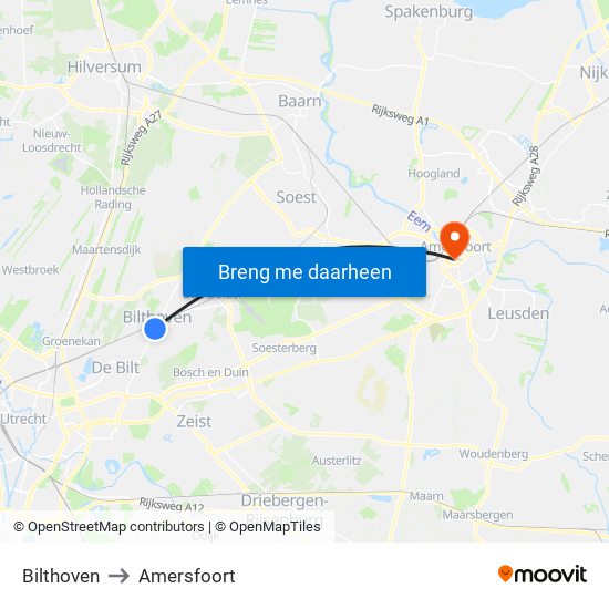 Bilthoven to Amersfoort map