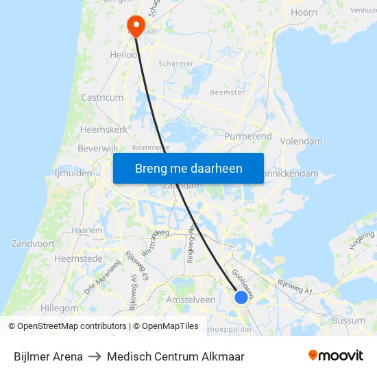 Bijlmer Arena to Medisch Centrum Alkmaar map