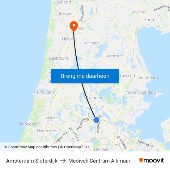 Amsterdam Sloterdijk to Medisch Centrum Alkmaar map