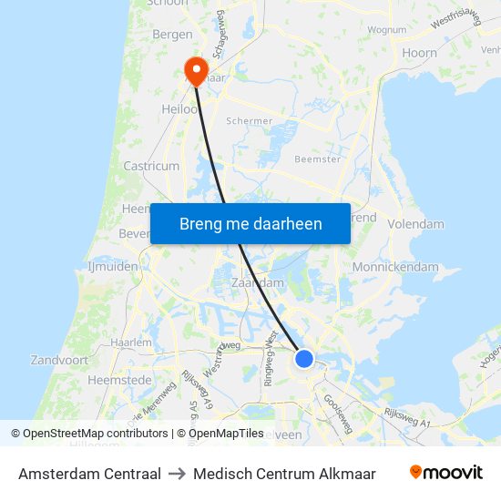 Amsterdam Centraal to Medisch Centrum Alkmaar map