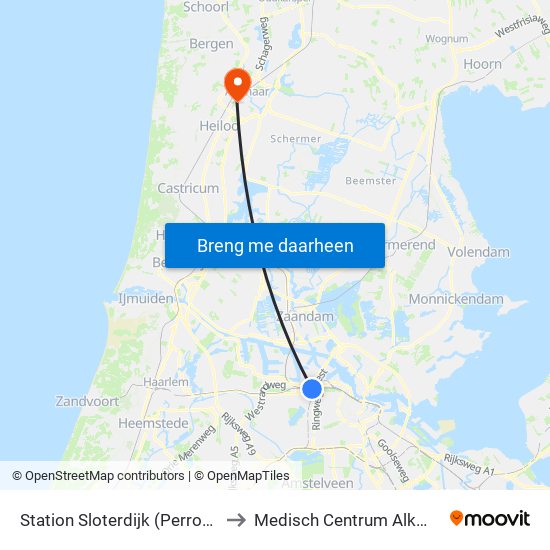 Station Sloterdijk (Perron N) to Medisch Centrum Alkmaar map