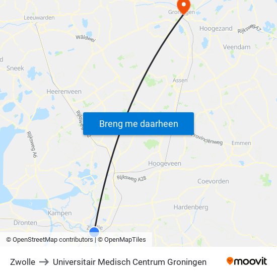 Zwolle to Universitair Medisch Centrum Groningen map