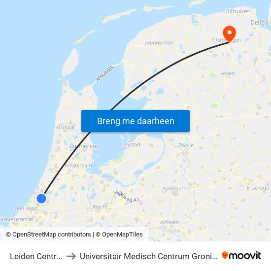Leiden Centraal to Universitair Medisch Centrum Groningen map